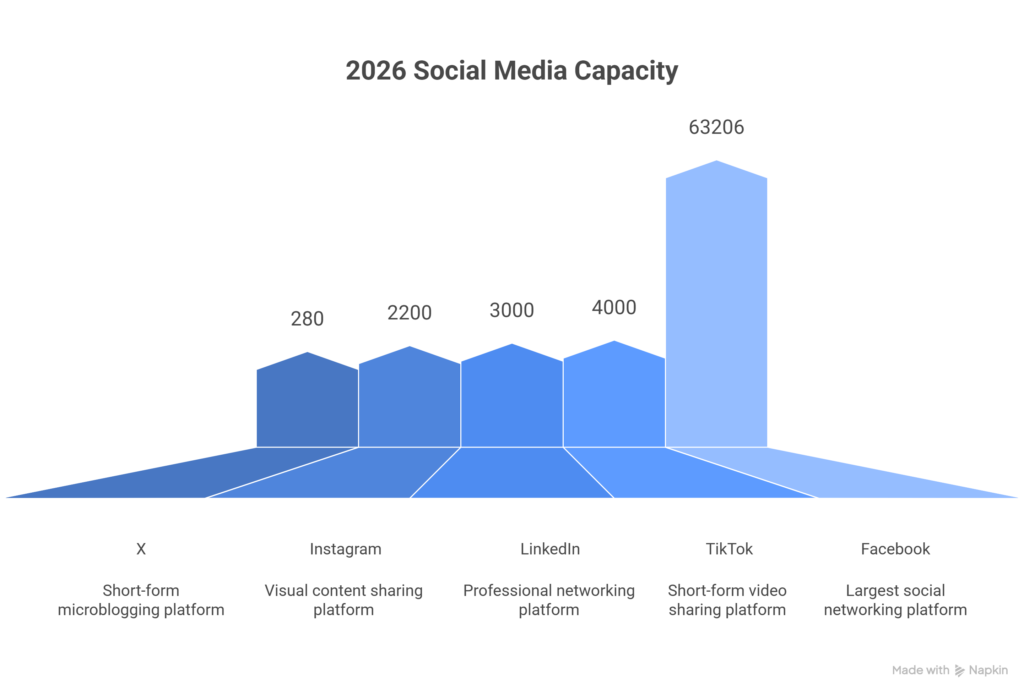 Infographic comparing 2026 character limits for X, Instagram, LinkedIn, TikTok, and Facebook.
