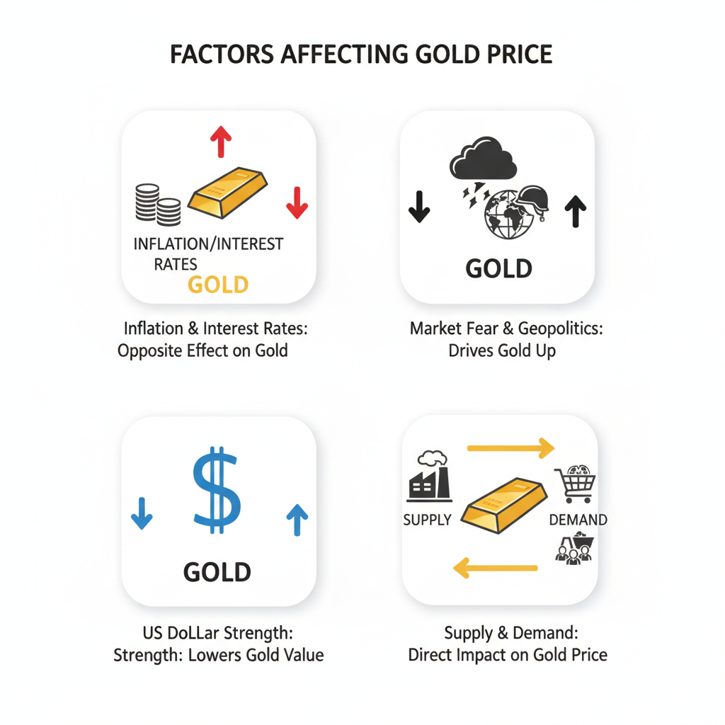 Infographic showing key factors affecting the gold price in 2025, including inflation, interest rates, market fear, geopolitics, US dollar strength, and supply and demand, with icons and arrows illustrating each factor’s impact.