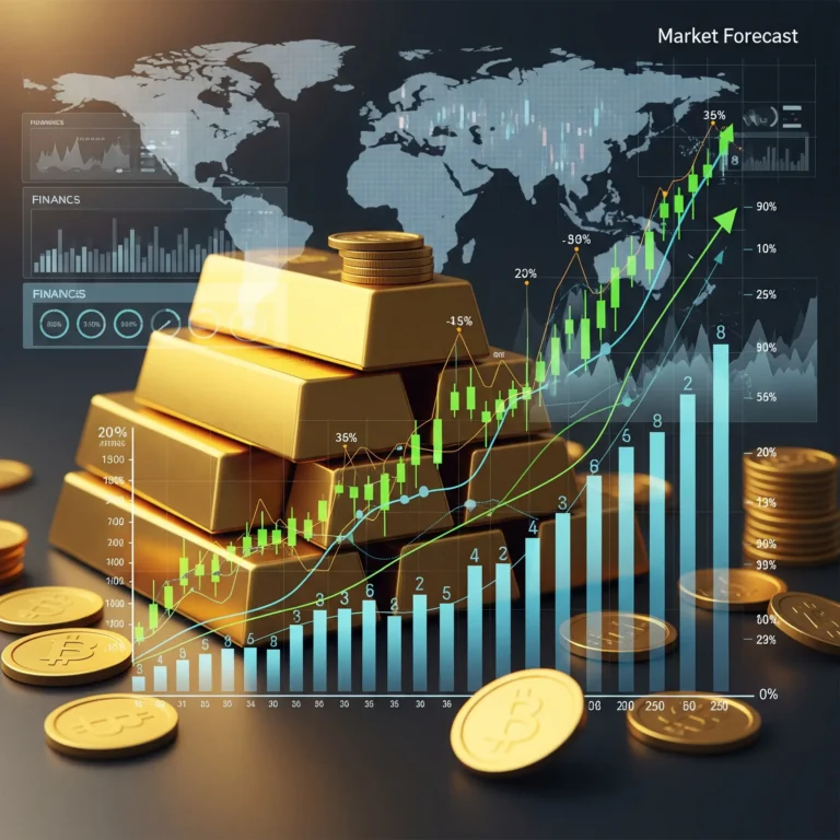 Digital illustration showing gold bars, coins, and market forecast graphs representing gold price analysis.