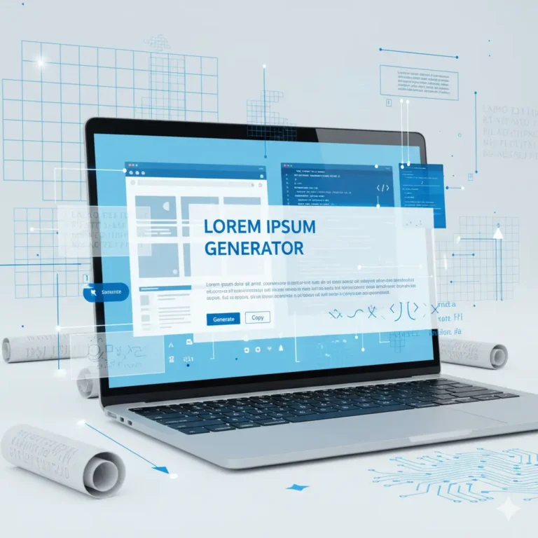 Laptop showing an online Lorem Ipsum generator interface with code and design elements.
