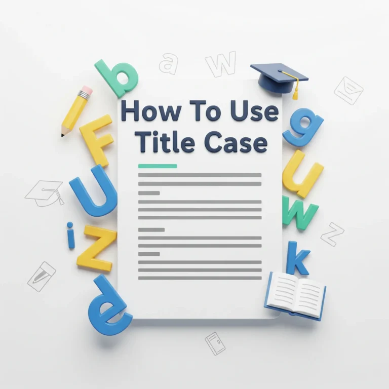 Illustration of a document with title case examples, pencils, and education icons for a writing guide.