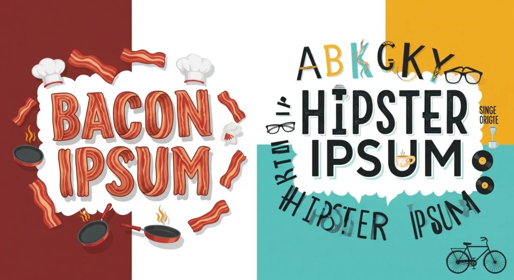 Whimsical graphic representing fun alternatives to standard Lorem Ipsum, such as Hipster Ipsum and Bacon Ipsum, with playful themed icons.”