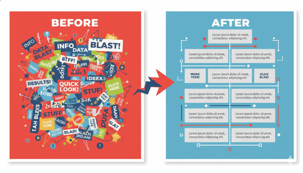 Comparison of a cluttered design filled with noisy labels versus a clean, organized layout using Lorem Ipsum text.