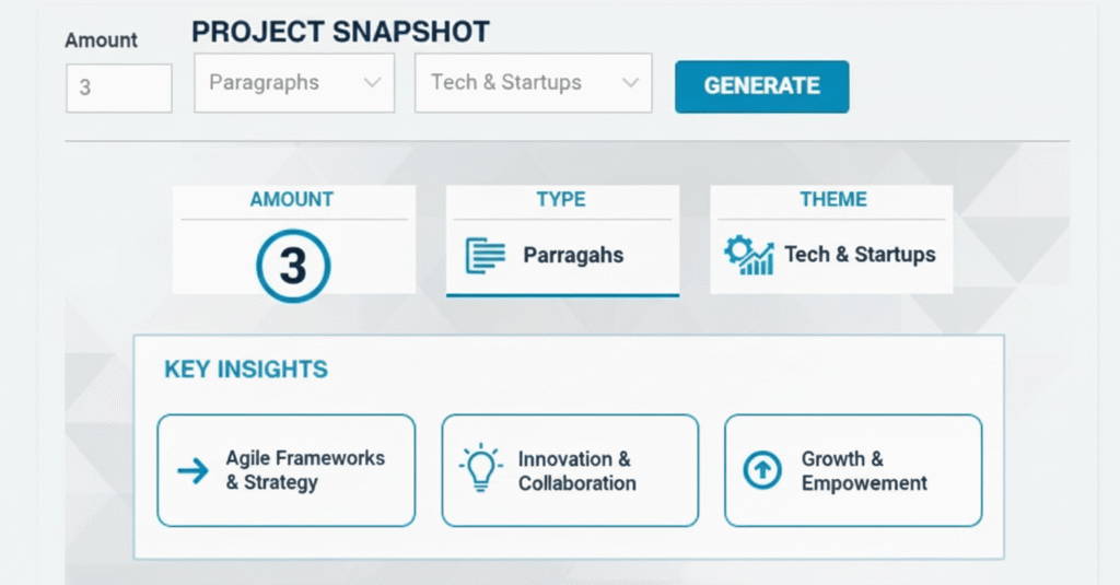 Step-by-step annotated screenshot of a Lorem Ipsum generator interface, showing user input fields and generated dummy text.