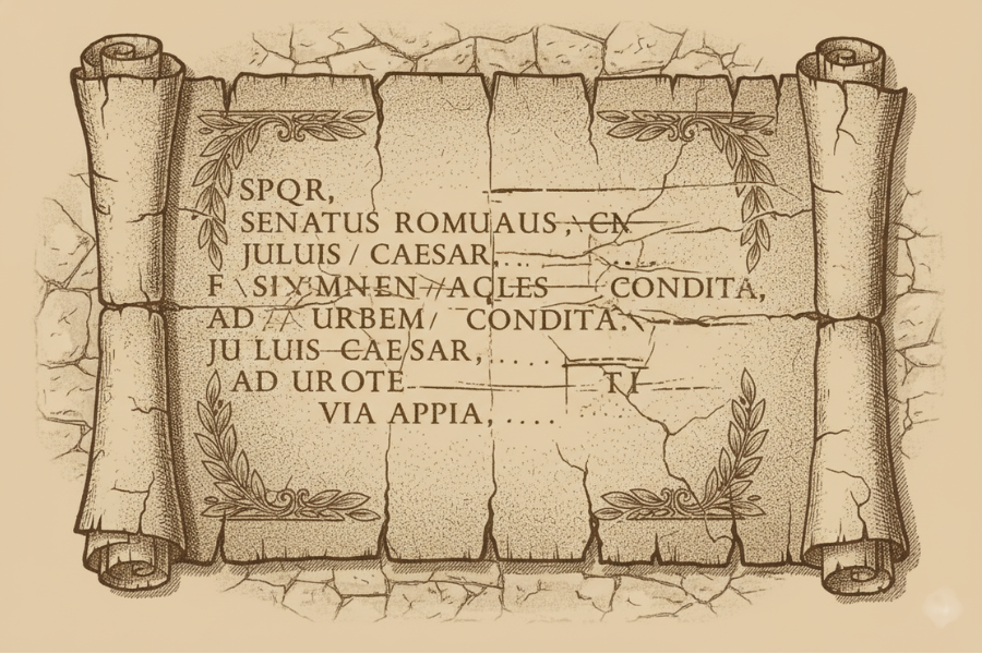 Vintage-style illustration of an ancient Roman manuscript or scroll with Latin writing, representing the historical roots of Lorem Ipsum.