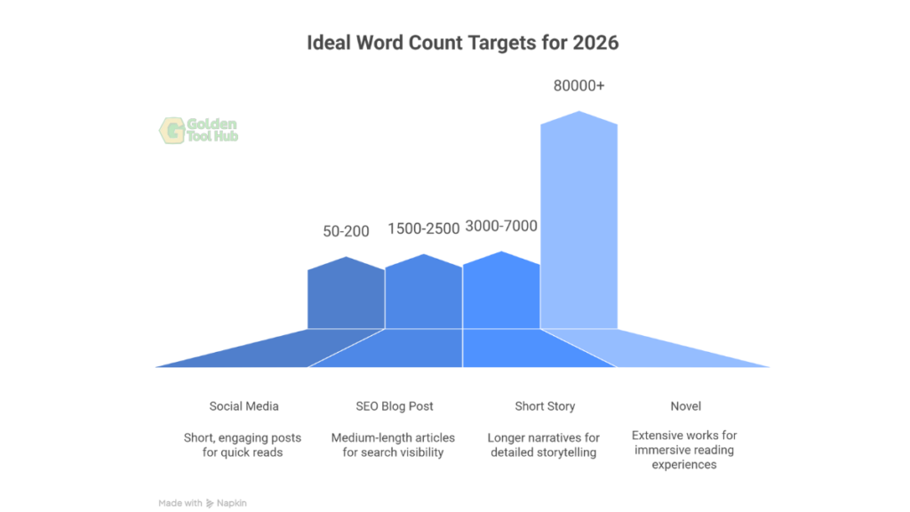 Bar chart showing ideal word count targets for SEO blogs, novels, and social media to help you track progress with the best free word counter.

