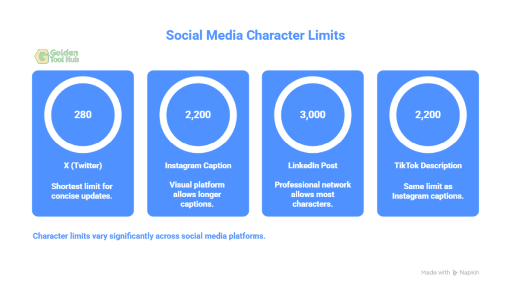 Chart showing 2026 character limits for X, Instagram, and LinkedIn to help you use the best free word counter effectively.
