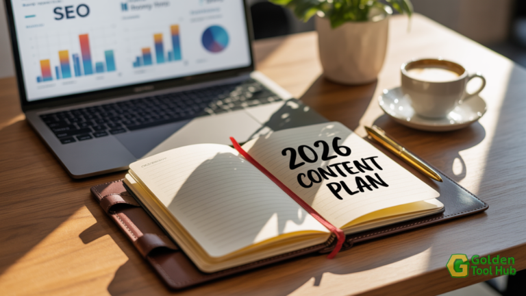 A professional workspace with a notebook titled '2026 Content Plan', representing the definitive guide to blog post word count seo.