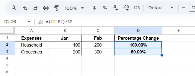 Screenshot showing the correct formula for calculating percentage difference in Excel.