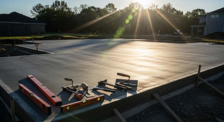 A 20x20 concrete slab foundation being poured and leveled for a residential garage project.