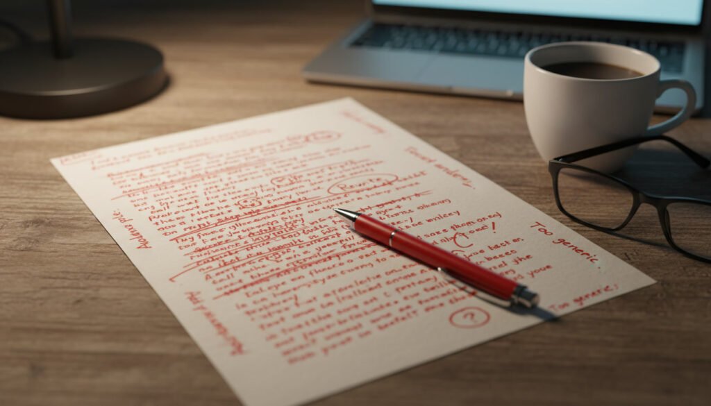 A printed blog post draft covered in red editorial notes like 'Too generic' and 'Rewrite', demonstrating the human editing required to improve blog post word count seo quality in 2026.