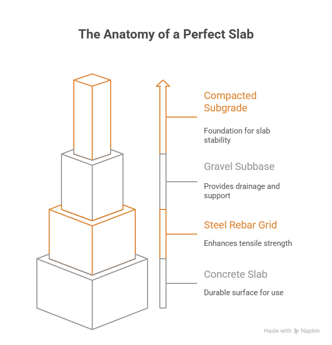 Technical diagram showing the 4 layers of a professional concrete slab: compacted subgrade, 4-inch gravel base, rebar reinforcement, and 3000 PSI concrete.