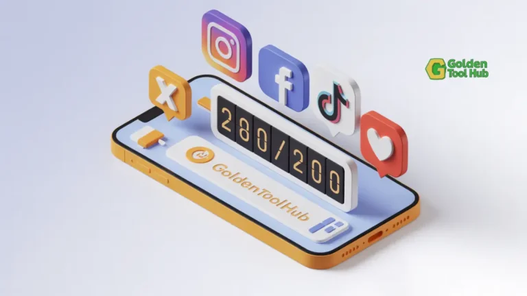 2026 social media character limits guide showing a smartphone with digital counters for Instagram, TikTok, and X posts.