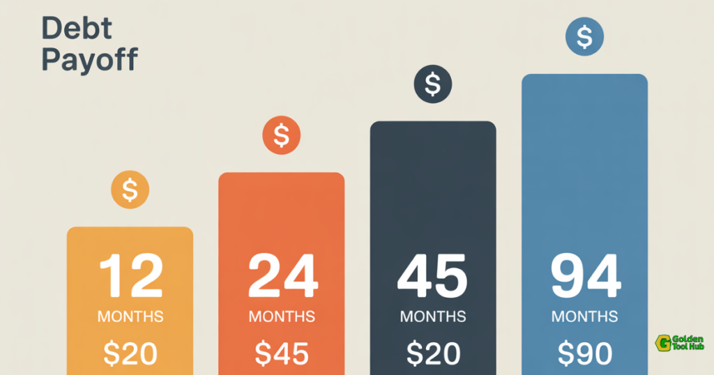 Timeline chart showing how long it takes to pay off credit card debt with different monthly payments from GoldenToolHub calculator